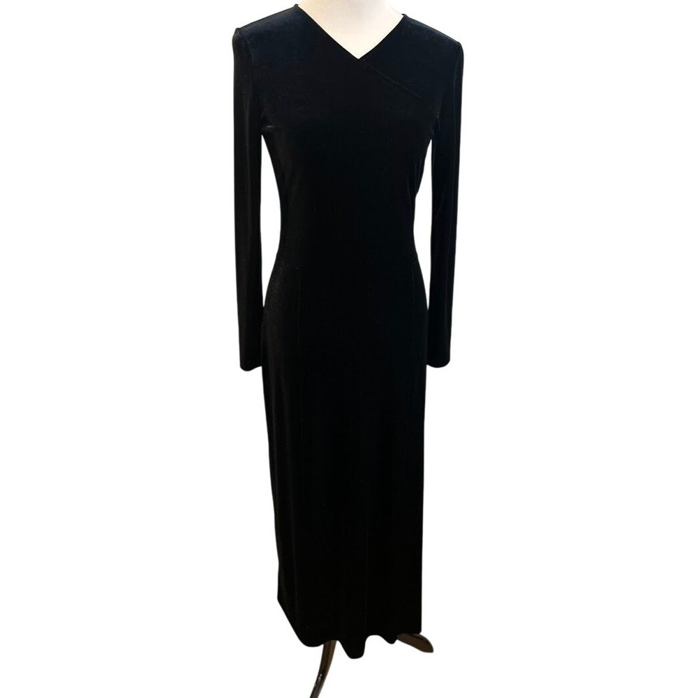 Giorgio Armani Collezioni Black Velvet Maxi Dress Long Sleeve V-Neck Vintage SZ6 - Picture 2 of 8